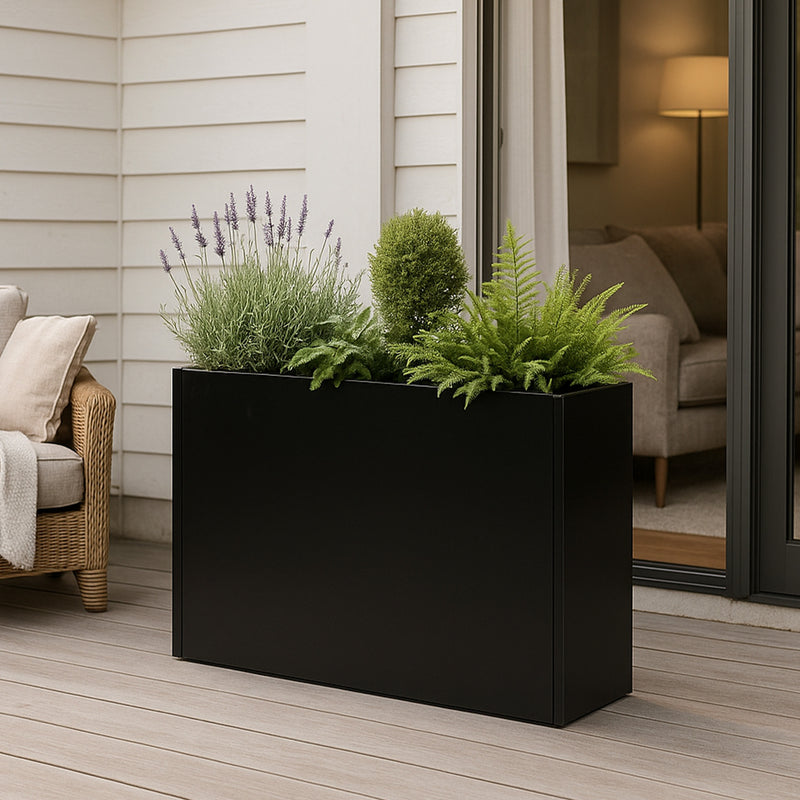 Kozyard Metal Rectangular Planter Box Steel Long Box Planter Black Powder Coated Steel Plant Pot All-Weather Use with Partition Panel for Indoor Outdoor for Trees, Plants Flowers