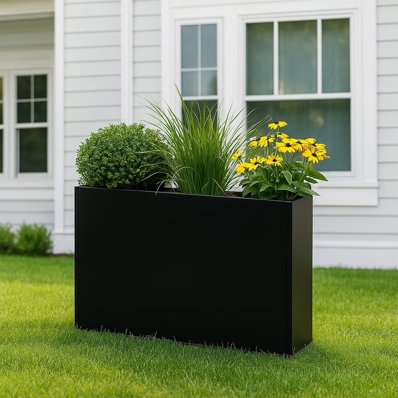 Kozyard Metal Rectangular Planter Box Steel Long Box Planter Black Powder Coated Steel Plant Pot All-Weather Use with Partition Panel for Indoor Outdoor for Trees, Plants Flowers