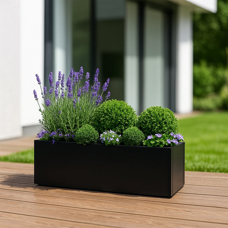 Kozyard Metal Rectangular Planter Box Steel Long Box Planter Black Powder Coated Steel Plant Pot All-Weather Use with Partition Panel for Indoor Outdoor for Trees, Plants Flowers