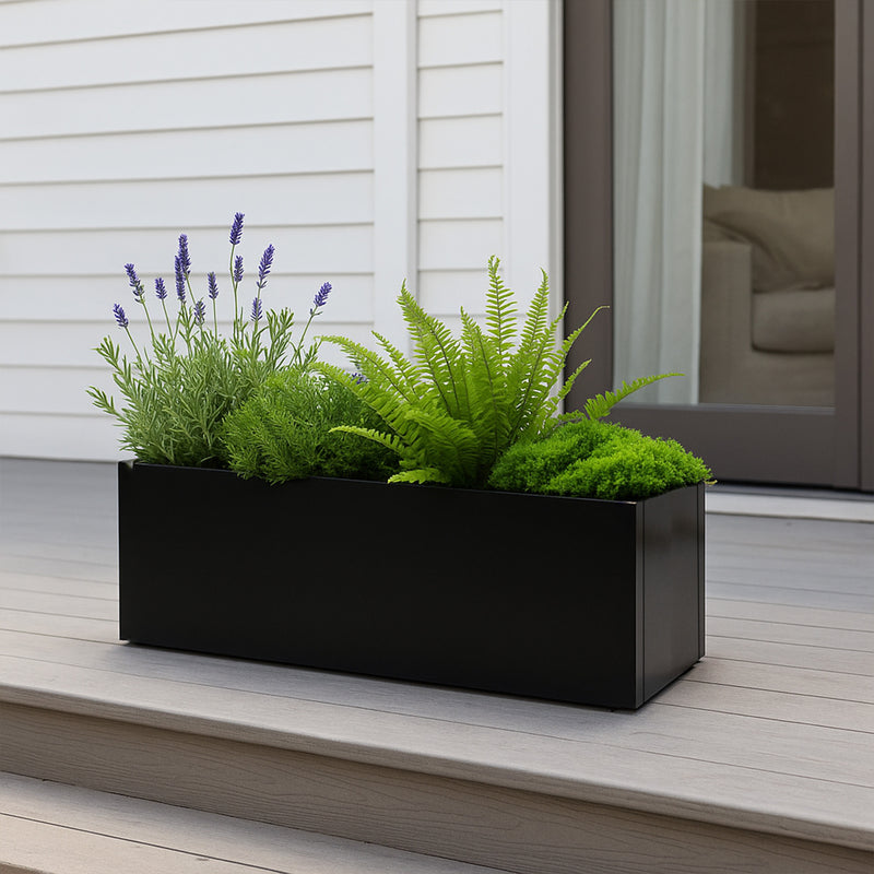 Kozyard Metal Rectangular Planter Box Steel Long Box Planter Black Powder Coated Steel Plant Pot All-Weather Use with Partition Panel for Indoor Outdoor for Trees, Plants Flowers