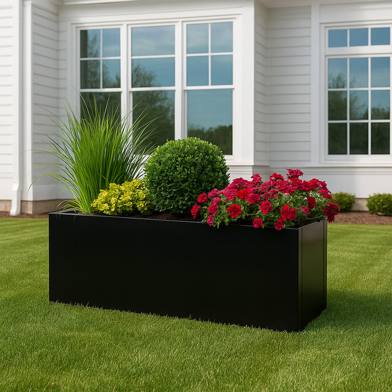 Kozyard Metal Rectangular Planter Box Steel Long Box Planter Black Powder Coated Steel Plant Pot All-Weather Use with Partition Panel for Indoor Outdoor for Trees, Plants Flowers