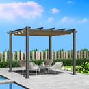 Elegant Poolside Pergola Lounge
alt text：A sophisticated pergola with a beige canopy over a stylish outdoor seating area by the pool. Features modern white chairs with cushions and a chic table. Keywords: poolside pergola, outdoor lounge, patio furniture
