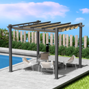 Chic Poolside Pergola Retreat
alt text：A modern pergola with a beige canopy over a stylish outdoor seating area by the pool, featuring white chairs with cushions and a sleek table. Keywords: poolside pergola, outdoor relaxation, patio decor
