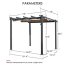 Pergola Dimensions and Specifications
alt text：A diagram showing the precise measurements of a pergola, including lengths and heights of its components. Note mentions possible slight error in manual measurement. Keywords: pergola parameters, outdoor structure dimensions