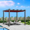 Elegant Red - Canopied Patio Pergola
alt text：An outdoor pergola with a striking red canopy, modern white chairs with cushions, and a stylish table, set against a backdrop of blue sky, wooden fence, and greenery. Keywords: patio pergola, red canopy, outdoor relaxation
