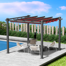 Serene Poolside Pergola Oasis
alt text：A tranquil outdoor scene featuring a pergola with a green canopy, modern white chairs with cushions, and a sleek table, set against a backdrop of a clear blue sky, wooden fence, and greenery. Keywords: poolside pergola, outdoor relaxation, patio setting