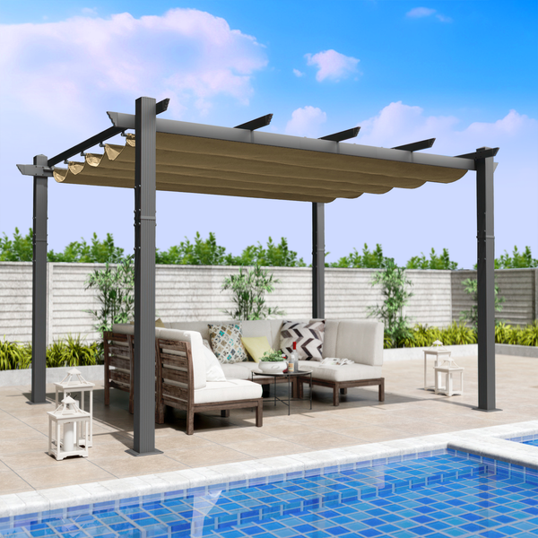 Elegant Poolside Pergola Lounge
alt text：A stylish pergola with a tan canopy over a cozy outdoor lounge area by the pool. Features modern furniture with decorative cushions, lanterns, and greenery in the background. Keywords: poolside pergola, outdoor lounge, patio decor