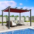 Stylish Red - Canopied Poolside Pergola
alt text：An elegant pergola with a striking red canopy over a cozy outdoor lounge area by the pool. Features modern furniture with decorative cushions and lanterns. Keywords: poolside pergola, red canopy, outdoor decor
