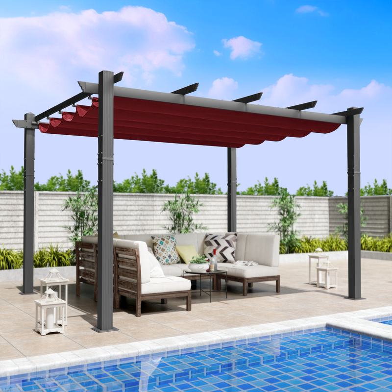 Stylish Red - Canopied Poolside Pergola
alt text：An elegant pergola with a striking red canopy over a cozy outdoor lounge area by the pool. Features modern furniture with decorative cushions and lanterns. Keywords: poolside pergola, red canopy, outdoor decor
