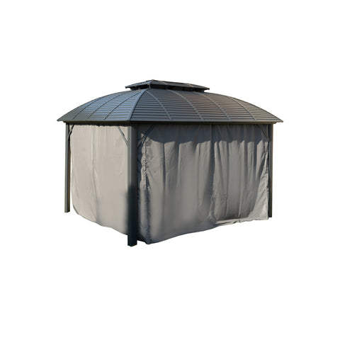 light - hued roof and dark gray curtains hanging from its sides. The curtains are partially fastened back, suggesting versatility in creating a private or open outdoor space. Gazebo: Dark Gray Curtains for Privacy and Style. Outdoor Gazebo with Adjustable Dark Gray Curtains. gazebo, dark gray curtains, privacy curtains, adjustable curtains, outdoor gazebo