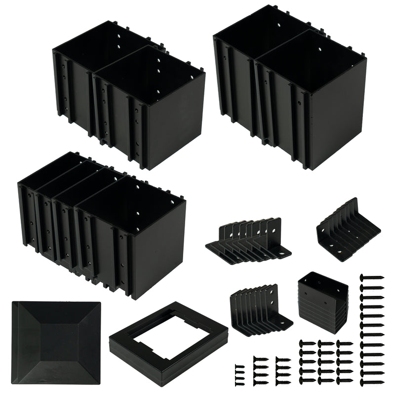 Set of black mounting brackets, bases, and screws for wooden pergola assembly, including square bases, angle brackets, and various screw sizes. Keywords: wooden pergola, mounting brackets, square bases, screws, assembly kit. Wooden Pergola Mounting Brackets and Bases - Complete Assembly Kit. Wooden pergola, mounting brackets, square bases, assembly kit, screws.