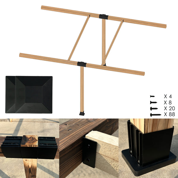 Diagram of a wooden pergola frame assembly with black mounting brackets and a square base, including screws (4, 8, 20, 88 pieces). The brackets securing the wooden beams to a surface.  Wooden pergola, mounting brackets, square base, screws, assembly.