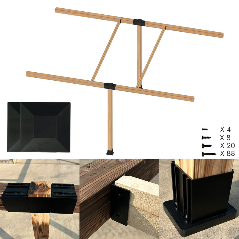 Diagram of a wooden pergola frame assembly with black mounting brackets and a square base, including screws (4, 8, 20, 88 pieces). The brackets securing the wooden beams to a surface.  Wooden pergola, mounting brackets, square base, screws, assembly.