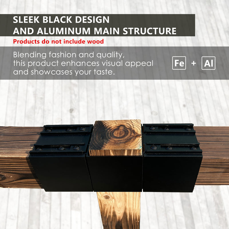 Sleek black aluminum pergola brackets securing wooden beams, enhancing visual appeal. Pergola brackets, sleek black design, aluminum structure, wooden beams, visual appeal. Sleek Black Aluminum Pergola Brackets for Wooden Beams - Stylish Design. Pergola brackets, sleek black design, aluminum structure, wooden beams, stylish design, visual appeal.

