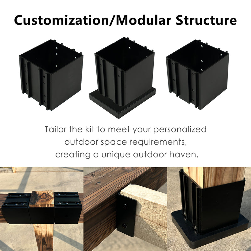Black modular pergola brackets for customization, shown securing wooden beams. Modular pergola, customization, black brackets, wooden beams, outdoor space. Customizable Modular Pergola Brackets for Outdoor Spaces.
Modular pergola, customizable brackets, outdoor space, wooden beams, personalization.

