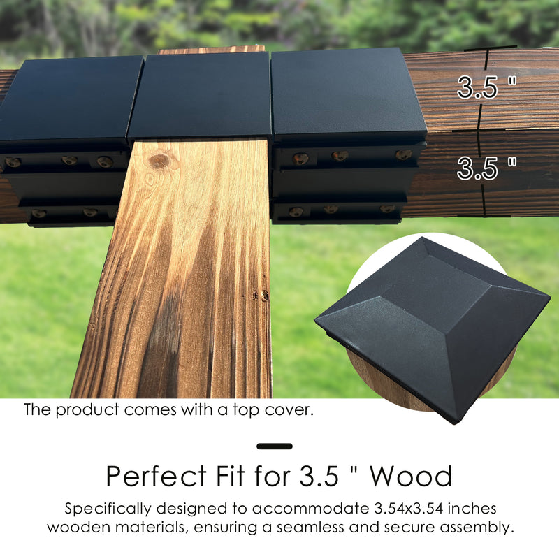 Black pergola brackets designed for 3.5" wood, ensuring a secure fit, with a top cover included. Pergola brackets, 3.5" wood, secure fit, top cover, seamless assembly. Pergola Brackets for 3.5-Inch Wood - Secure Fit with Top Cover. Pergola brackets, 3.5-inch wood, secure fit, top cover, seamless assembly.





