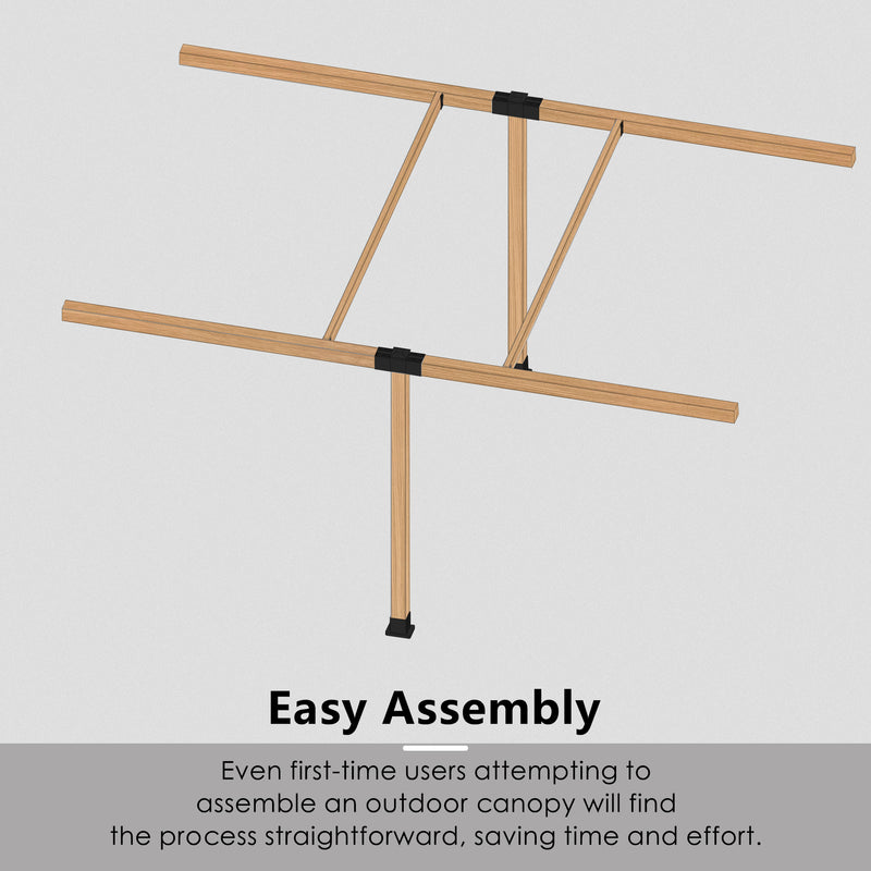 Diagram of a wooden pergola frame with black brackets for easy assembly. Wooden pergola, easy assembly, black brackets, outdoor canopy, straightforward setup. Easy Assembly Wooden Pergola Frame with Black Brackets. Wooden pergola, easy assembly, black brackets, outdoor canopy, straightforward setup.

