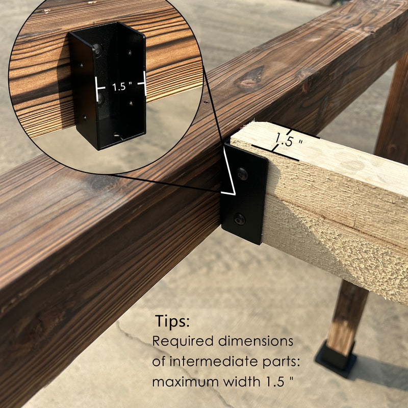 Black pergola brackets securing wooden beams with a maximum width of 1.5". Pergola brackets, wooden beams, 1.5" width, secure assembly.
Pergola Brackets for 1.5-Inch Wooden Beams - Secure Fit.Pergola brackets, 1.5-inch wooden beams, secure fit, intermediate parts.

