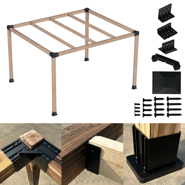 Wooden Table Frame Assembly Kit
A wooden table frame along with various black metal hardware components like brackets, connectors, and screws, used for assembling the table. Also includes close - up images of the hardware in use on wooden joints. Keywords: wooden table frame, assembly hardware, metal brackets