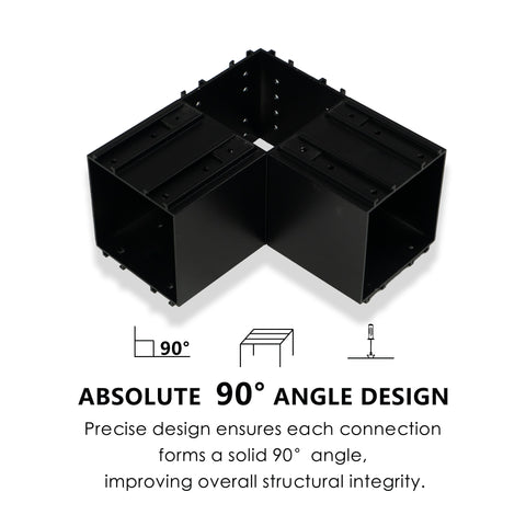 90° Angle Design for Structural Integrity
A black metal corner joint with an "absolute 90° angle design". It ensures precise 90° connections for better structural integrity in furniture assembly. Keywords: 90° angle design, structural integrity, metal corner joint