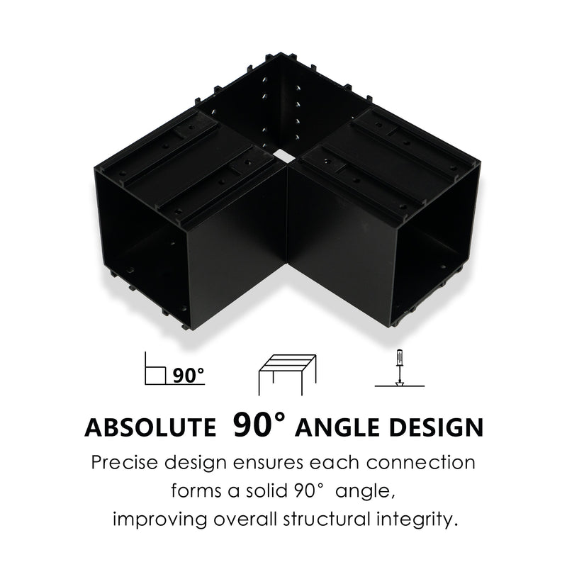 90° Angle Design for Structural Integrity
A black metal corner joint with an "absolute 90° angle design". It ensures precise 90° connections for better structural integrity in furniture assembly. Keywords: 90° angle design, structural integrity, metal corner joint