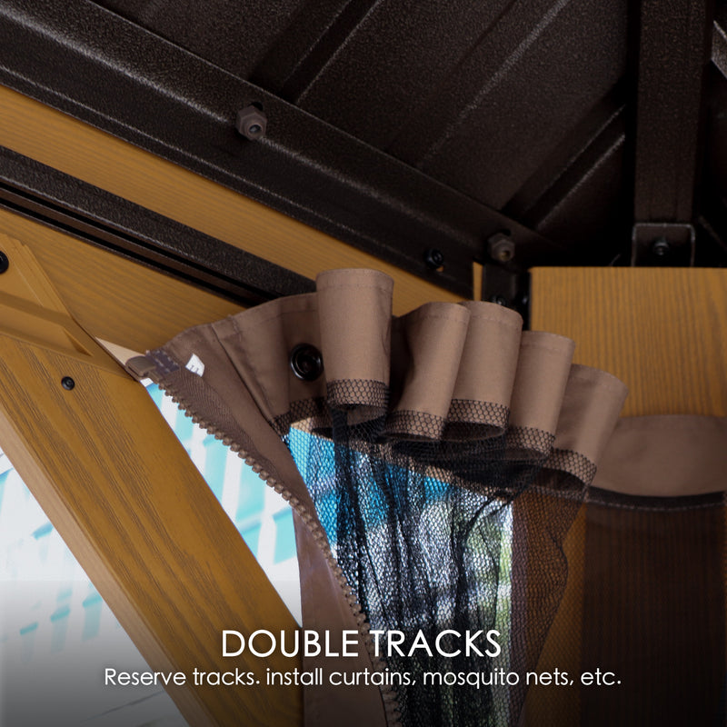 A close - up of the double tracks installed on the wooden - look frame of an outdoor gazebo. The tracks are used for installing curtains and mosquito nets, as indicated by the partially visible curtain and netting materials. The text highlights the functionality of these double tracks for various installations. Functional Double Tracks on Outdoor Gazebo for Curtains and Nets.outdoor gazebo, double tracks, curtain installation, mosquito net installation, wooden - look frame