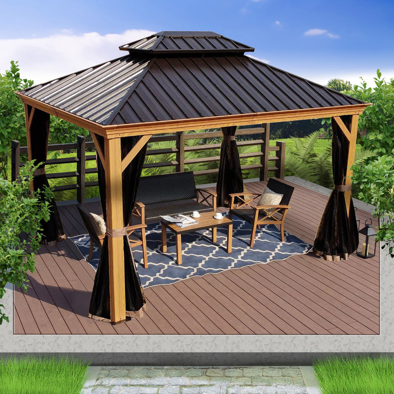 An outdoor aluminum gazebo with a wood - grain finish provides a cozy spot for relaxation. The dark - hued metal roof contrasts with the wooden - look frame. Inside, there is comfortable patio furniture, including a sofa, chairs, and a coffee table placed on a patterned rug, all set on a wooden deck surrounded by greenery.Cozy Outdoor Aluminum Wood - Grain Gazebo for Relaxation. outdoor gazebo, aluminum wood - grain, dark metal roof, patio furniture, relaxation area