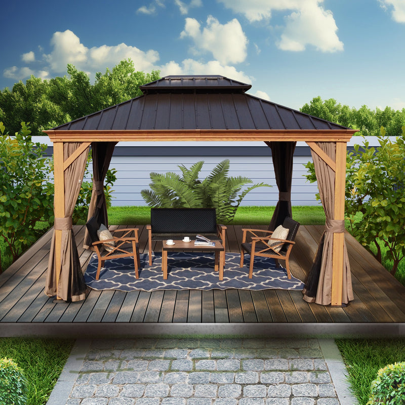 An inviting outdoor aluminum gazebo with a wood - grain finish offers a serene spot for relaxation. The dark - hued metal roof contrasts beautifully with the wooden - look frame. Inside, there is a cozy arrangement of patio furniture including chairs, a sofa, and a coffee table placed on a patterned rug, all set on a wooden deck surrounded by greenery.Charming Outdoor Aluminum Wood - Grain Gazebo for Relaxation. outdoor gazebo, aluminum wood - grain finish, dark metal roof, patio furniture, relaxation area