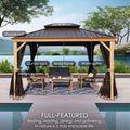 A well - equipped outdoor aluminum gazebo with wood - grain detailing. It features a double roof, curtain tracks, a sturdy metal frame, water gutters, and triangle support for stability. Set against a scenic backdrop, it's furnished with seating and a coffee table, ideal for resting, reading, dining, and gatherings.Versatile Outdoor Aluminum Wood - Grain Gazebo for Multiple Activities. outdoor gazebo, aluminum wood - grain, double roof, curtain track, metal frame, water gutter, triangle support, outdoor 