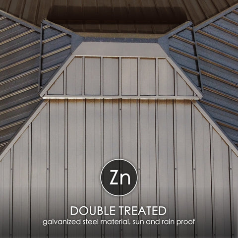 A close - up of the roof structure of an outdoor gazebo, showcasing its double - treated galvanized steel material. The text indicates that the material is zinc - treated (Zn), providing both sun and rain protection. The design features a combination of slanted and vertical panels. Durable Double - Treated Galvanized Steel Roof for Outdoor Gazebo. outdoor gazebo, double - treated galvanized steel, zinc treatment, sun protection, rain protection
