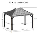 A technical illustration of a 10' x 12' outdoor barbecue gazebo with detailed dimensions. The diagram shows the roof with a distinctive double - top design, supported by vertical posts. Key measurements include the height of the posts and the width of the structure, providing essential information for installation and space planning. 10' x 12' Outdoor Barbecue Gazebo Dimensions Diagram. outdoor barbecue gazebo, 10x12 dimensions, structural measurements, gazebo size, installation dimensions