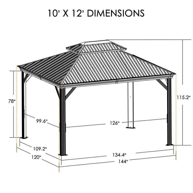 A technical illustration of a 10' x 12' outdoor barbecue gazebo with detailed dimensions. The diagram shows the roof with a distinctive double - top design, supported by vertical posts. Key measurements include the height of the posts and the width of the structure, providing essential information for installation and space planning. 10' x 12' Outdoor Barbecue Gazebo Dimensions Diagram. outdoor barbecue gazebo, 10x12 dimensions, structural measurements, gazebo size, installation dimensions