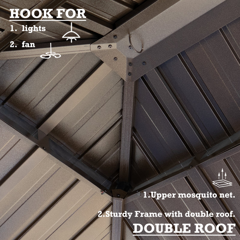 A close - up view of the interior of an outdoor aluminum wood - grain gazebo's roof. The image highlights the structural details, including hooks for hanging lights and fans, and mentions the presence of an upper mosquito net. The text emphasizes the double - roof design, which contributes to a sturdy frame.Functional Features of Outdoor Aluminum Wood - Grain Gazebo Roof. outdoor aluminum gazebo, wood - grain finish, roof hooks, lights, fans, upper mosquito net, double - roof design.