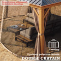 An outdoor aluminum gazebo with a wood - grain finish, featuring a setup with seating and a coffee table. The image showcases double - curtain options: a netting for insect protection and a privacy polyester curtain. A note indicates that the privacy curtain is sold separately and not included in the package. Outdoor Aluminum Wood - Grain Gazebo with Double - Curtain Options. outdoor aluminum gazebo, wood - grain finish, double curtain, netting, privacy polyester curtain, sold separately