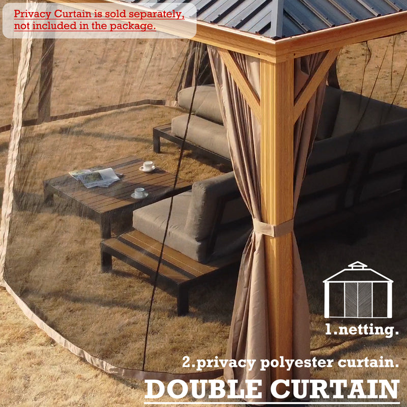 An outdoor aluminum gazebo with a wood - grain finish, featuring a setup with seating and a coffee table. The image showcases double - curtain options: a netting for insect protection and a privacy polyester curtain. A note indicates that the privacy curtain is sold separately and not included in the package. Outdoor Aluminum Wood - Grain Gazebo with Double - Curtain Options. outdoor aluminum gazebo, wood - grain finish, double curtain, netting, privacy polyester curtain, sold separately