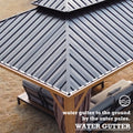 A close - up view of the corner of an outdoor aluminum wood - grain gazebo's roof, highlighting its water - gutter system. The dark - colored metal roof features a slanted design, directing water towards the outer poles for drainage. The text below emphasizes the function of the water gutter in channeling water to the ground. Efficient Water Gutter System of Outdoor Aluminum Wood - Grain Gazebo. outdoor aluminum gazebo, wood - grain finish, water gutter, metal roof, drainage system.