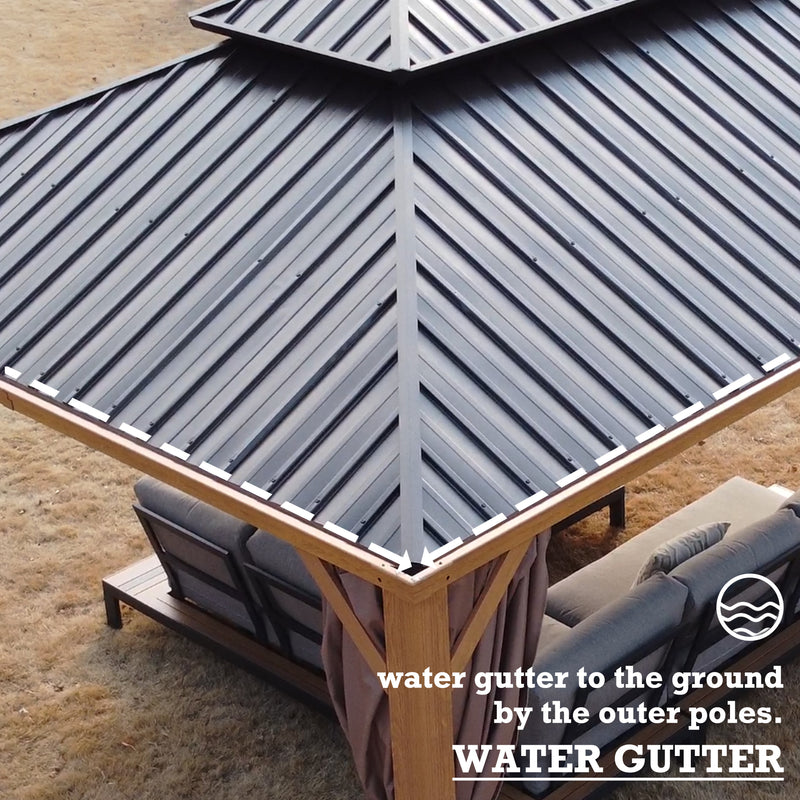 A close - up view of the corner of an outdoor aluminum wood - grain gazebo's roof, highlighting its water - gutter system. The dark - colored metal roof features a slanted design, directing water towards the outer poles for drainage. The text below emphasizes the function of the water gutter in channeling water to the ground. Efficient Water Gutter System of Outdoor Aluminum Wood - Grain Gazebo. outdoor aluminum gazebo, wood - grain finish, water gutter, metal roof, drainage system.