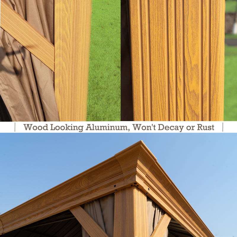 Images showcasing the wood - looking aluminum features of an outdoor gazebo. The upper section highlights the realistic wood - grain texture of the aluminum posts and beams, while the lower section shows a close - up of the corner of the gazebo's roof with the same wood - looking finish. The text emphasizes that it is aluminum, which won't decay or rust. Durable Wood - Looking Aluminum Outdoor Gazebo. outdoor gazebo, wood - looking aluminum, non - decaying, non - rusting, wood - grain texture
