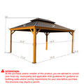 A dimensioned illustration of a 10' x 16' outdoor aluminum gazebo with a wood - grain finish. The diagram details the measurements of the structure, including the roof and post - to - post distances. A cautionary note at the bottom advises purchasers and installers to check local building codes, municipal regulations, and HOA guidelines, as the structure may require a permit. 10' x 16' Outdoor Aluminum Wood - Grain Gazebo Dimensions and Permit Notice. outdoor aluminum gazebo, wood - grain finish, 10x16 