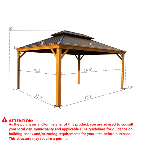 A dimensioned illustration of a 10' x 16' outdoor aluminum gazebo with a wood - grain finish. The diagram details the measurements of the structure, including the roof and post - to - post distances. A cautionary note at the bottom advises purchasers and installers to check local building codes, municipal regulations, and HOA guidelines, as the structure may require a permit. 10' x 16' Outdoor Aluminum Wood - Grain Gazebo Dimensions and Permit Notice. outdoor aluminum gazebo, wood - grain finish, 10x16 