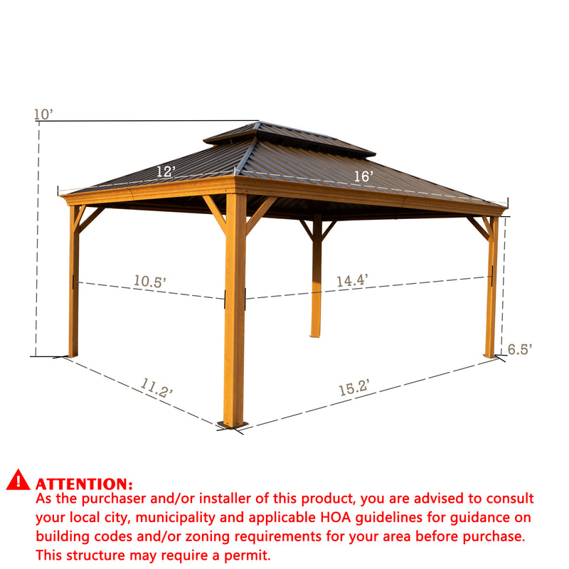Kozyard Apollo Wood Look 12ft x 16ft Aluminum Hardtop Gazebo with Galvanized Steel Double Roof and Mosquito Net, Outdoor Permanent Metal Pavilion with Netting for Patio, Deck and Lawn