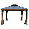 An outdoor gazebo features a dark - colored metal roof and wooden - look aluminum frame. It is equipped with elegant black curtains and sheer mosquito netting, providing both privacy and protection from insects. The structure is designed for a comfortable outdoor relaxation space. Elegant Outdoor Gazebo with Privacy and Bug - Proof Features. outdoor gazebo, metal roof, wooden - look frame, black curtains, mosquito netting