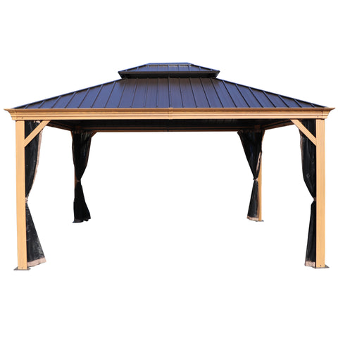 An outdoor gazebo features a dark - colored metal roof and wooden - look aluminum frame. It is equipped with elegant black curtains and sheer mosquito netting, providing both privacy and protection from insects. The structure is designed for a comfortable outdoor relaxation space. Elegant Outdoor Gazebo with Privacy and Bug - Proof Features. outdoor gazebo, metal roof, wooden - look frame, black curtains, mosquito netting