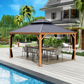 An outdoor aluminum gazebo with a wood - grain finish, set against a backdrop of a house, palm trees, and a swimming pool. The dark - hued metal roof contrasts with the wooden - look frame. Underneath the gazebo, there is an outdoor dining setup with a table and chairs, suggesting a space for relaxation and socializing. Elegant Outdoor Aluminum Wood - Grain Gazebo for Relaxation and Dining. outdoor aluminum gazebo, wood - grain finish, dark metal roof, outdoor dining, relaxation space