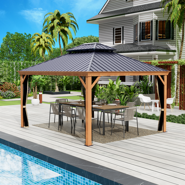 Kozyard Apollo 12’x14’ Hardtop Gazebo, Wooden Coated Aluminum Frame Canopy with Galvanized Steel Double Roof, Outdoor Permanent Metal Pavilion with Netting for Patio, Deck and Lawn (12ft x 14ft)