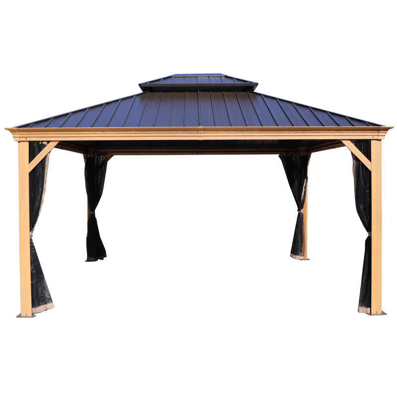 An outdoor gazebo features a dark - colored metal roof and wooden - look aluminum frame. It is equipped with elegant black curtains and sheer mosquito netting, providing both privacy and protection from insects. The structure is designed for a comfortable outdoor relaxation space. Elegant Outdoor Gazebo with Privacy and Bug - Proof Features. outdoor gazebo, metal roof, wooden - look frame, black curtains, mosquito netting