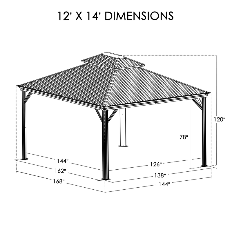 Technical drawing of a 12' x 14' outdoor aluminum gazebo with a wood - grain finish. The diagram shows the dimensions of the structure, including the height of the posts (120 inches and 78 inches) and the width at various points (ranging from 126 inches to 168 inches). The roof has a distinctive double - top design.12' x 14' Outdoor Aluminum Wood - Grain Gazebo Dimensions. outdoor aluminum gazebo, wood - grain finish, 12x14 dimensions, structural measurements, gazebo size