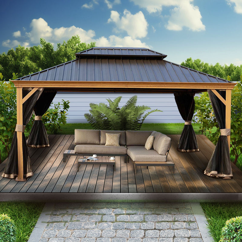 Kozyard Apollo 12’x18’ Hardtop Gazebo, Wooden Coated Aluminum Frame Canopy with Galvanized Steel Double Roof, Outdoor Permanent Metal Pavilion with Netting for Patio, Deck and Lawn