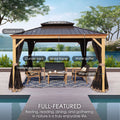 A well - equipped outdoor aluminum gazebo with wood - grain detailing. It features a double roof, curtain tracks, a sturdy metal frame, water gutters, and triangle support for stability. Set against a scenic backdrop, it's furnished with seating and a coffee table, ideal for resting, reading, dining, and gatherings. Versatile Outdoor Aluminum Wood - Grain Gazebo for Multiple Activities. outdoor gazebo, aluminum wood - grain, double roof, curtain track, metal frame, water gutter, triangle support, outdoor.
