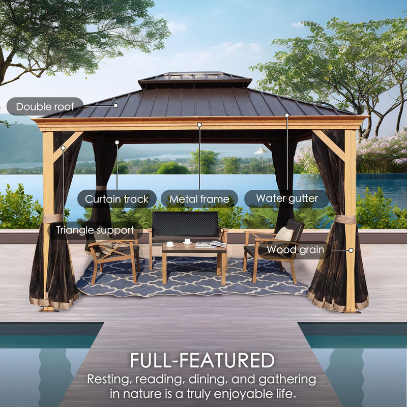 A well - equipped outdoor aluminum gazebo with wood - grain detailing. It features a double roof, curtain tracks, a sturdy metal frame, water gutters, and triangle support for stability. Set against a scenic backdrop, it's furnished with seating and a coffee table, ideal for resting, reading, dining, and gatherings. Versatile Outdoor Aluminum Wood - Grain Gazebo for Multiple Activities. outdoor gazebo, aluminum wood - grain, double roof, curtain track, metal frame, water gutter, triangle support, outdoor.